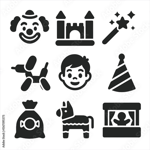 Kids' Party Icons. Solid, filled icons set of kids’ party themes: clown face, bounce house, magic wand, animal
