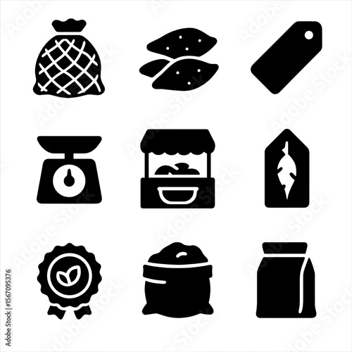 Tuber Market Icons. Solid, filled icon set of tuber market produce: mesh bag of potatoes, stacked yams, basket of sweet potatoes,