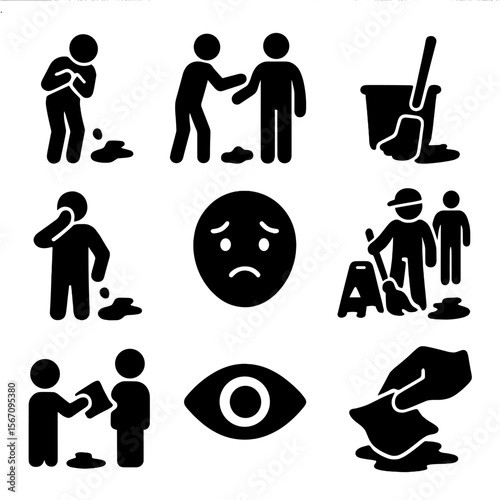 Spill Reaction Icons. Solid, filled icon set of reactions to spills in public: apologizing person, bystander help, mop bucket,