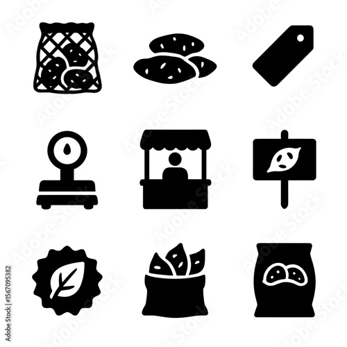 Tuber Market Icons. Solid, filled icon set of tuber market produce: mesh bag of potatoes, stacked yams, basket of sweet potatoes,