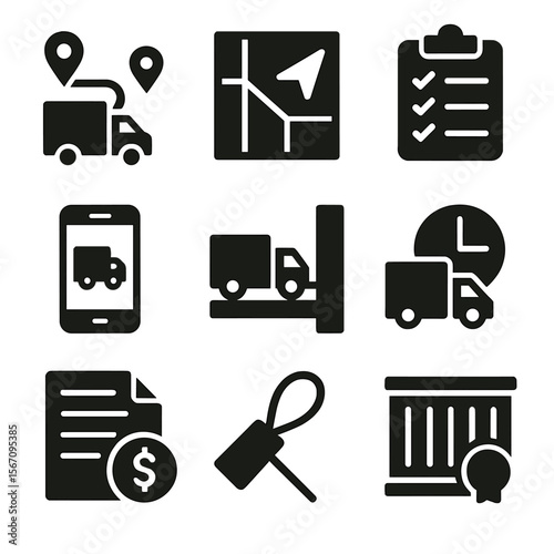 Truck Logistics Icons. Solid, filled icon set of truck logistics: delivery route, GPS map, cargo manifest, truck icon, shipping