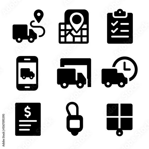Truck Logistics Icons. Solid, filled icon set of truck logistics: delivery route, GPS map, cargo manifest, truck icon, shipping