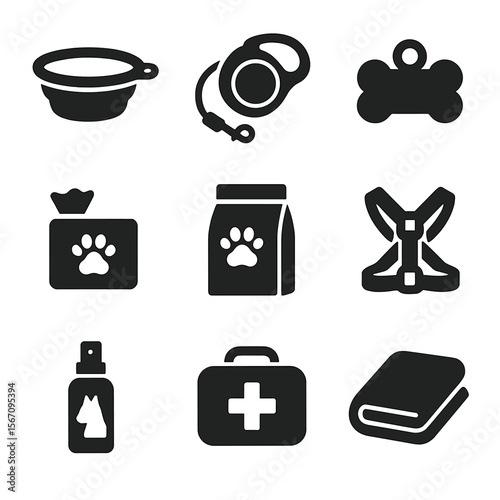 Pet Travel Essentials. Solid, filled icon set of pet travel essentials: collapsible bowl, travel leash, ID tag, waste bags, food