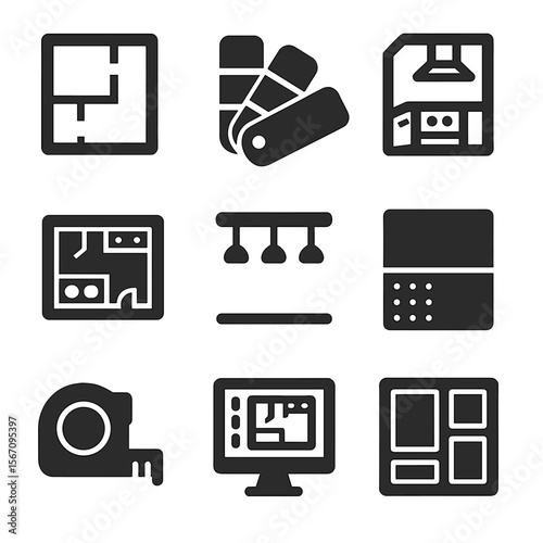 Kitchen Design Icons. Solid, filled icons set of kitchen design planning: floor plan, color palette, 3D model,