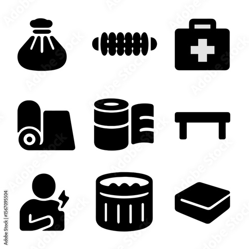 Sports and Education Icons. Solid, filled icon set of sports recovery area: ice pack, massage roller, first aid kit, stretch mat,