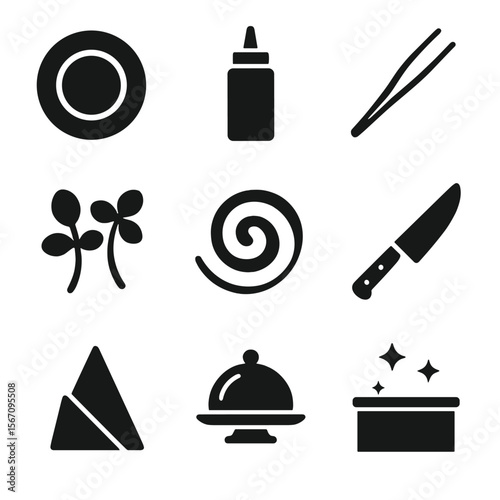 Kitchen Plating Icons. Solid, filled icons set of professional kitchen plating: fine china plate, sauce bottle