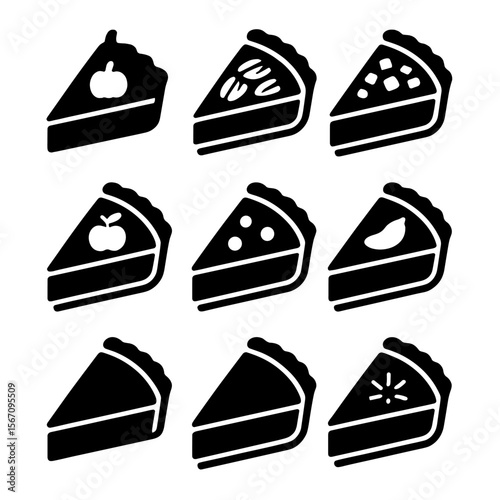 Pie Slice Icons. Solid, filled icon set of holiday pie slices: pumpkin slice, pecan slice, mince pie slice, apple slice, cranberry