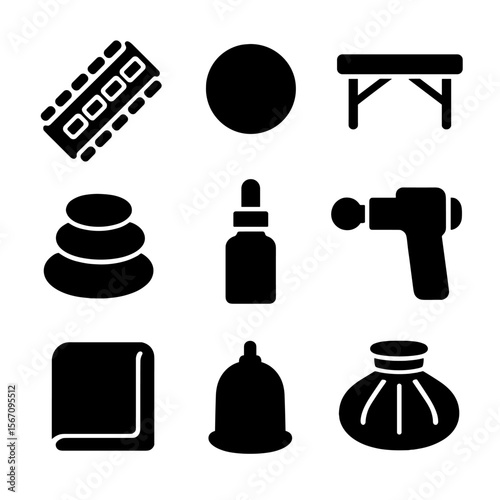 Sports Massage Tools Icons. Solid, filled icon set of sports massage tools: massage roller, therapy ball, massage table, hot stone