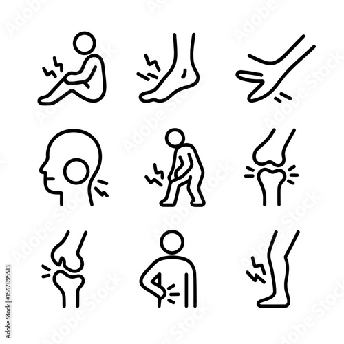Sports Injury Icons. Solid, filled icon set of common sports injuries: muscle strain, sprained ankle, tendon inflammation,