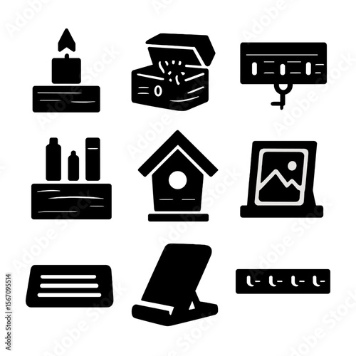 Upcycled Wood Icons. Solid, filled icon set of upcycled wood crafts: candle holder, jewelry box, key hanger, desk organizer,