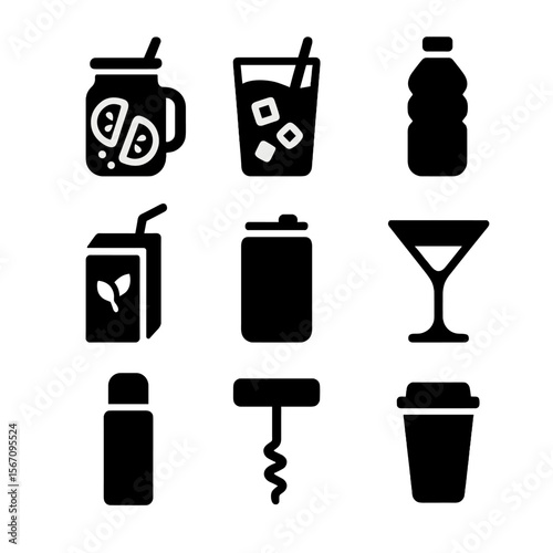 Picnic Refreshment Icons. Solid, filled icon set of picnic drinks and refreshments: lemonade jar, iced tea glass, water bottle,