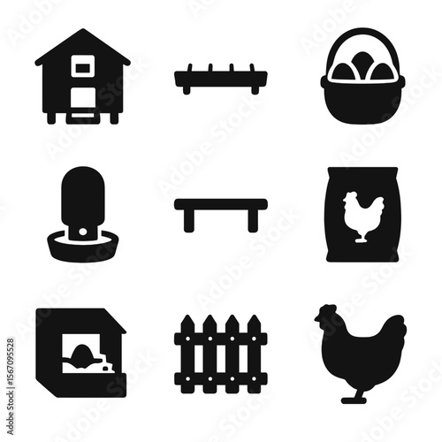 Urban Chicken Icons. Solid, filled icon set of urban chicken keeping: chicken coop, feeder tray, egg basket, water container,
