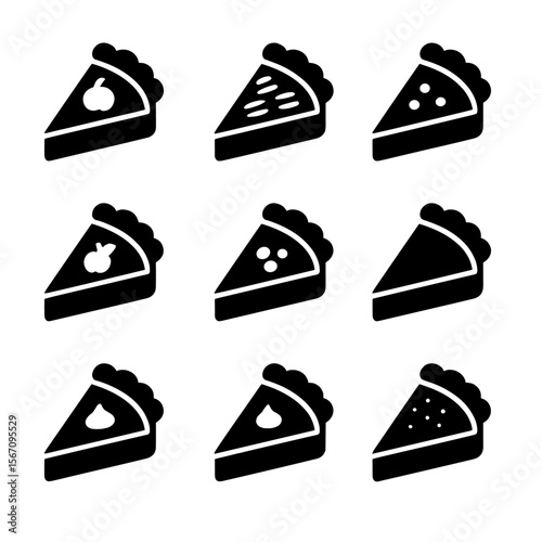 Pie Slice Icons. Solid, filled icon set of holiday pie slices: pumpkin slice, pecan slice, mince pie slice, apple slice, cranberry