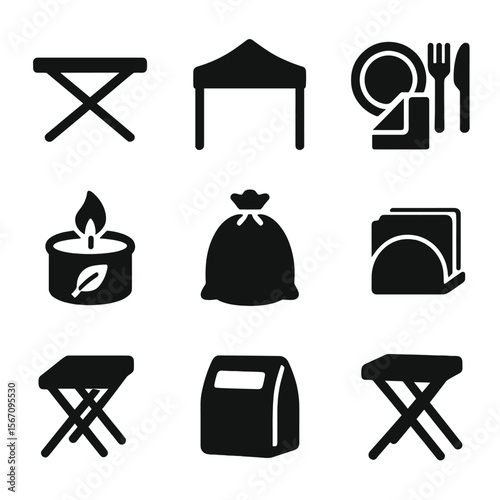 Picnic Gear Icons. Solid, filled icon set of picnic setup gear: folding table, tent canopy, paper plates, napkin, cutlery set,