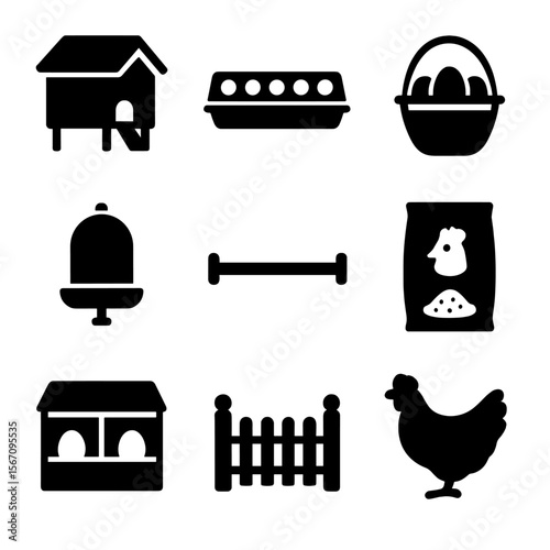 Urban Chicken Icons. Solid, filled icon set of urban chicken keeping: chicken coop, feeder tray, egg basket, water container,