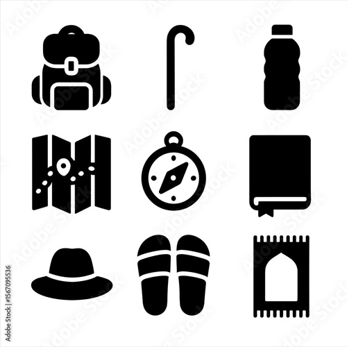 Pilgrimage Icon Set. Solid, filled icon set of pilgrimage travel essentials: backpack, walking stick, water bottle, map, compass,