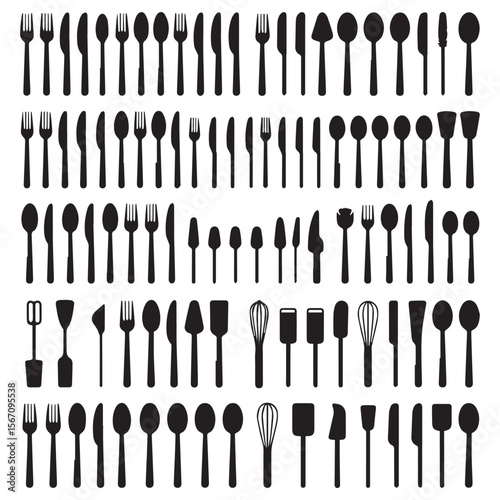 Collection of black silhouettes of various kitchen utensils and cutlery on a white background