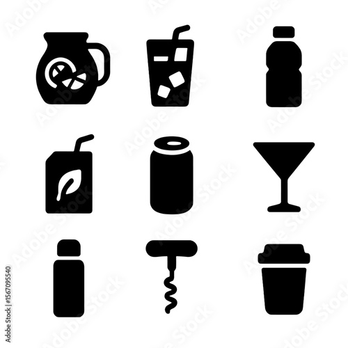 Picnic Refreshment Icons. Solid, filled icon set of picnic drinks and refreshments: lemonade jar, iced tea glass, water bottle,
