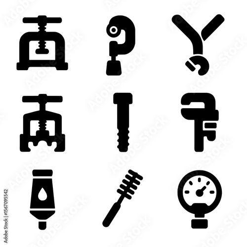 Pipe Maintenance Tools Grid. Solid, filled icon set of pipe repair and maintenance tools: pipe clamp, pipe cutter, pipe bender,