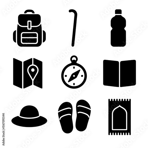 Pilgrimage Icon Set. Solid, filled icon set of pilgrimage travel essentials: backpack, walking stick, water bottle, map, compass,