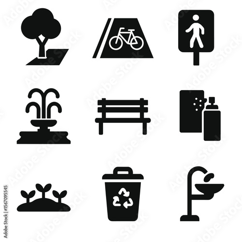 Urban Amenities Icons. Solid, filled icon set of walkable city features: shaded sidewalk, bike lane, crosswalk signal, plaza