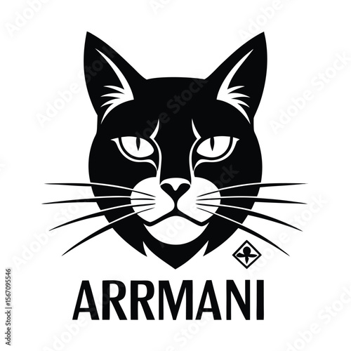Striking Black Cat Illustration with Arrrmani Text and Unique Symbol Underneath Its Whiskers