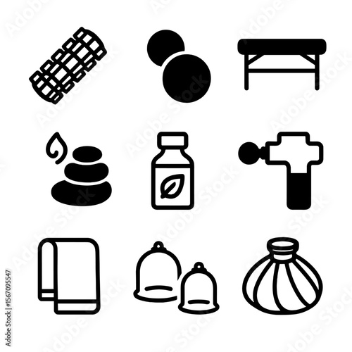 Sports Massage Tools Icons. Solid, filled icon set of sports massage tools: massage roller, therapy ball, massage table, hot stone