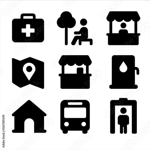 Pilgrimage Facilities Icons. Solid, filled icon set of pilgrimage support and facilities: first aid kit, rest area, information