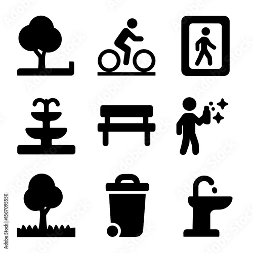 Urban Amenities Icons. Solid, filled icon set of walkable city features: shaded sidewalk, bike lane, crosswalk signal, plaza