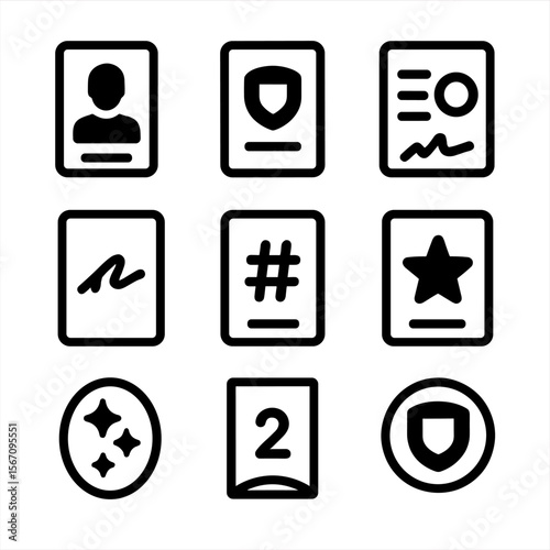 Sports Trading Card Icons. Solid, filled icon set of sports trading card features: player photo, team logo, player stats,