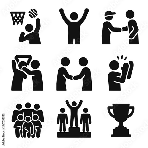 Sports Victory Icons. Solid, filled icon set of Sports victory moments: winning shot, player raise, coach handshake, medal award,