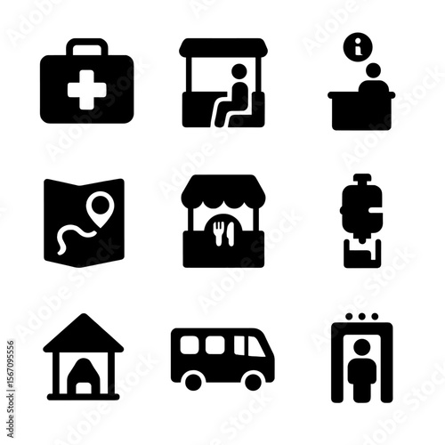 Pilgrimage Facilities Icons. Solid, filled icon set of pilgrimage support and facilities: first aid kit, rest area, information