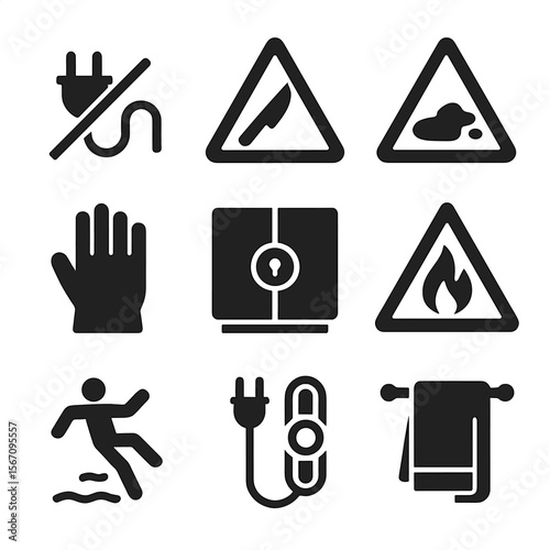 Kitchen Safety Icons. Solid, filled icons set of kitchen safety during tidying: unplug icon, sharp knife