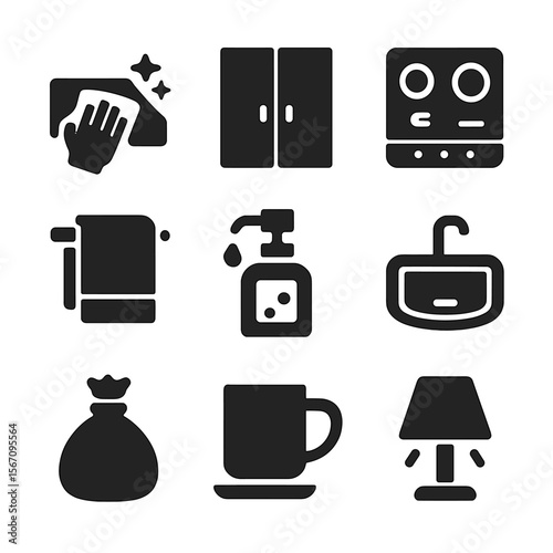 Kitchen Reset Icons. Solid, filled icons set of kitchen reset for next day: wiped counters, closed cabinet,