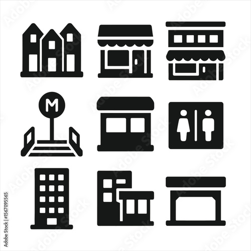 Urban Facade Icons. Solid, filled icon set of urban streetscape facades: row houses, street-level shops, mixed-use buildings,