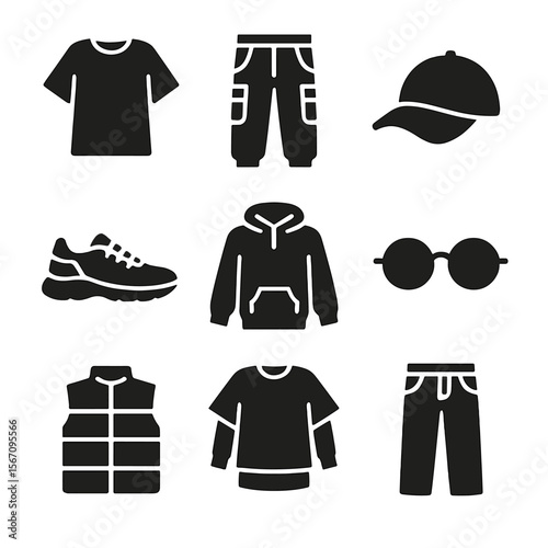 Urban Fashion Icons. Solid, filled icon set of gender-neutral urban fashion: oversized shirt, cargo pants, dad sneakers, baseball