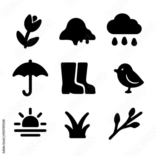 Spring Icon Set. Solid, filled icon set of early signs of spring: budding flower, melting snow, rain cloud, umbrella, puddle boots