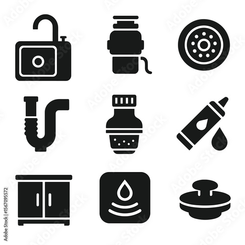 Kitchen Sink Maintenance Icons. Solid, filled icons set of kitchen sink maintenance: stainless sink, garbage