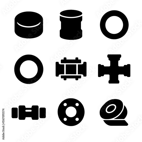 Pipe Repair Icons. Solid, filled icon set of pipe repair components: pipe cap, coupling, seal ring, gasket, repair clamp, joint