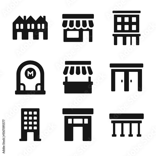 Urban Facade Icons. Solid, filled icon set of urban streetscape facades: row houses, street-level shops, mixed-use buildings,