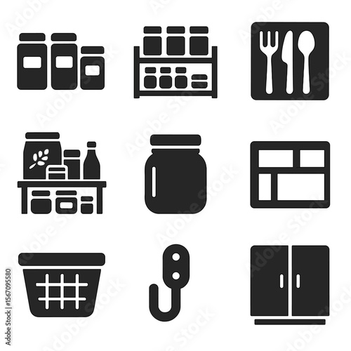 Kitchen Storage Icons. Solid, filled icons set of kitchen storage organization: labeled containers, spice rack