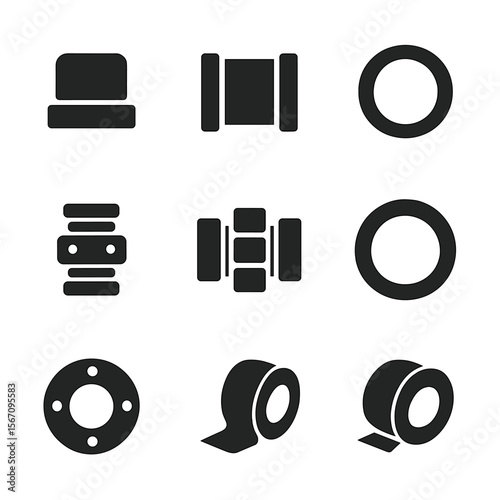 Pipe Repair Icons. Solid, filled icon set of pipe repair components: pipe cap, coupling, seal ring, gasket, repair clamp, joint