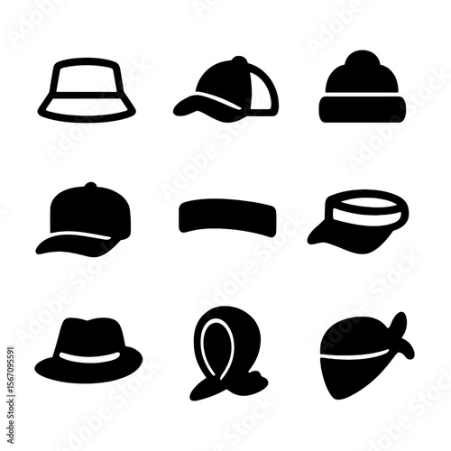 Urban Headwear Icons. Solid, filled icon set of urban fashion headwear: bucket hat, baseball cap, beanie, snapback, headband,