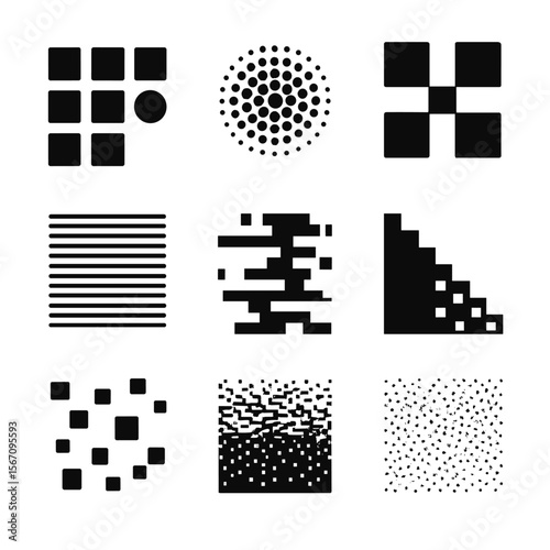 Pixel Effect Icons. Solid, filled icon set of halftone and pixel effects: pixel block, halftone dot, checkerboard, screen pattern,