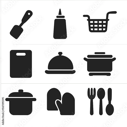 Kitchen Tools Icons. Solid, filled icons set of food prep and serving tools: spatula, sauce bottle, fryer