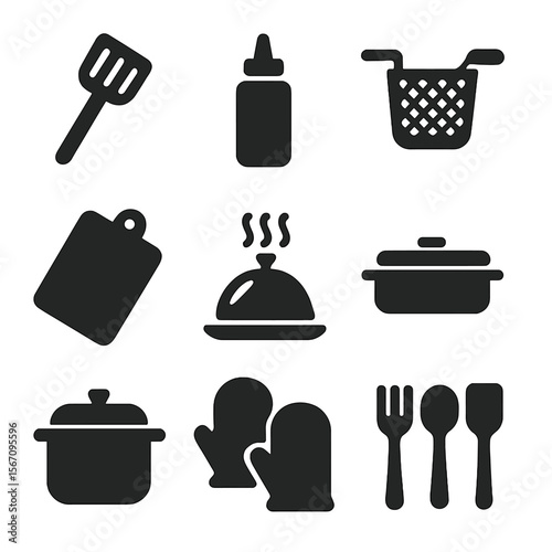 Kitchen Tools Icons. Solid, filled icons set of food prep and serving tools: spatula, sauce bottle, fryer