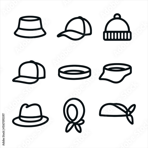 Urban Headwear Icons. Solid, filled icon set of urban fashion headwear: bucket hat, baseball cap, beanie, snapback, headband,
