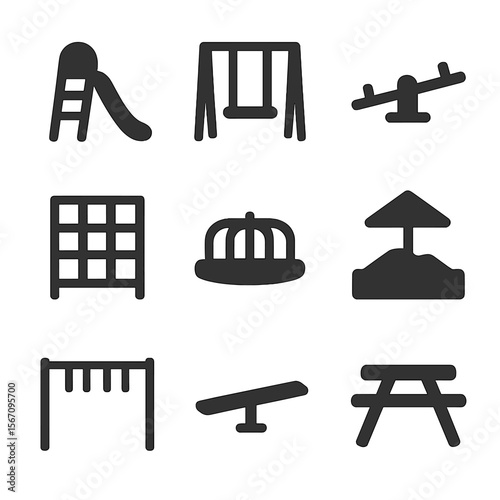 Playground Equipment Icons. Solid, filled icon set of park playground equipment: slide, swing set, seesaw, climbing frame,