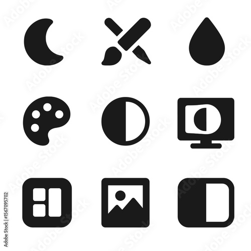 User Interface Icons. Solid, filled icon set of user interface color options: dark mode toggle, theme settings, accent color,