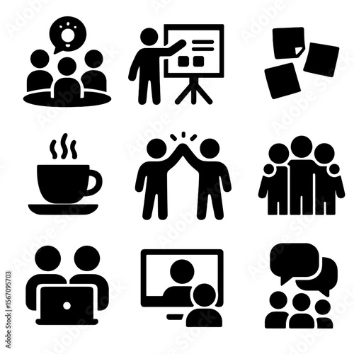 Startup Team Icons. Solid, filled icon set of startup team collaboration: brainstorming session, whiteboard planning, sticky notes